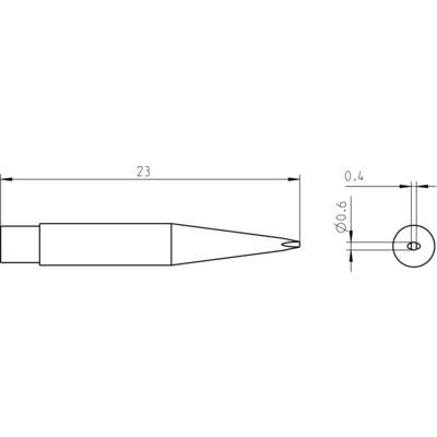 Disegno tecnico di una punta. Dimensione di lunghezza: 23 mm; diametro: 0,4 mm alla punta e 0,6 mm sull'asta.