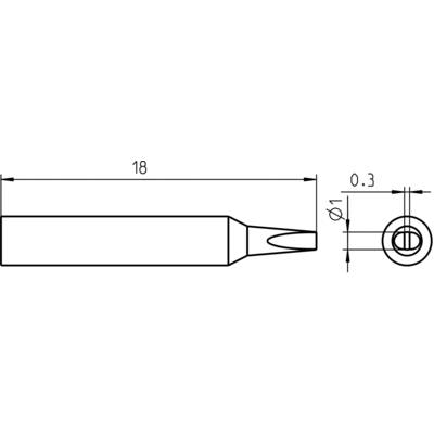 Disegno tecnico di un oggetto cilindrico con estremità appuntita. Dimensioni: 18 lunghezza, 0,3 diametro. Mostra vista laterale e frontale.