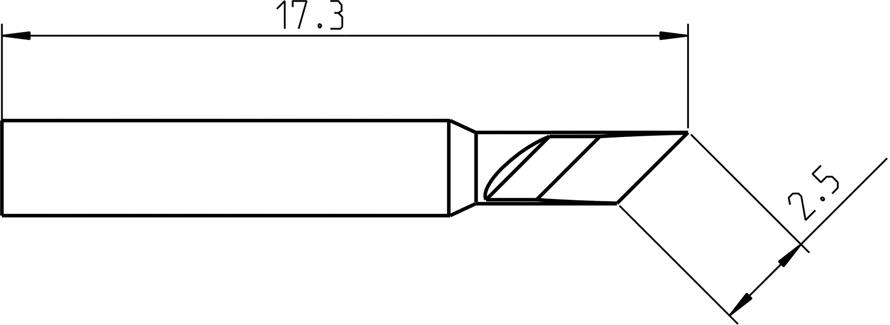 Un disegno tecnico di un utensile da taglio angolare con le misure: lunghezza 17,3 e angolo di 2,5 gradi.