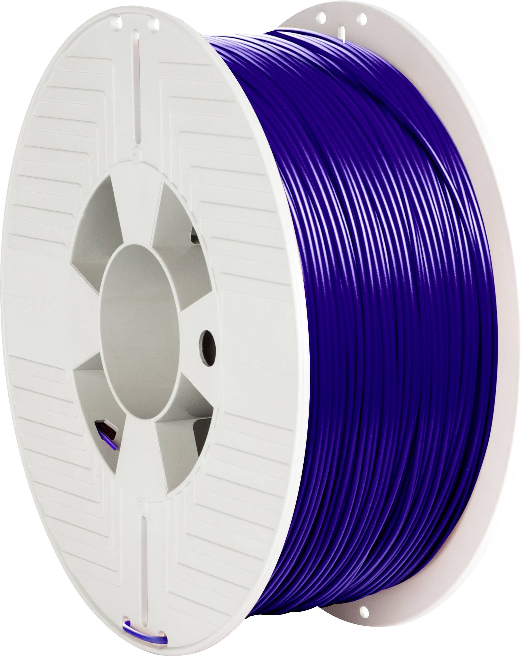 Una bobina bianca con filamento viola utilizzato per stampanti 3D.