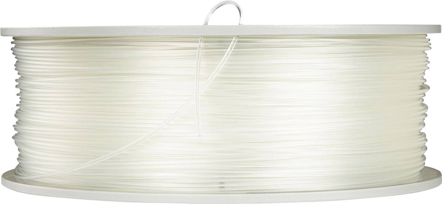 Un rotolo di filamento per stampante 3D trasparente e chiaro, avvolto su un rocchetto di plastica bianco.