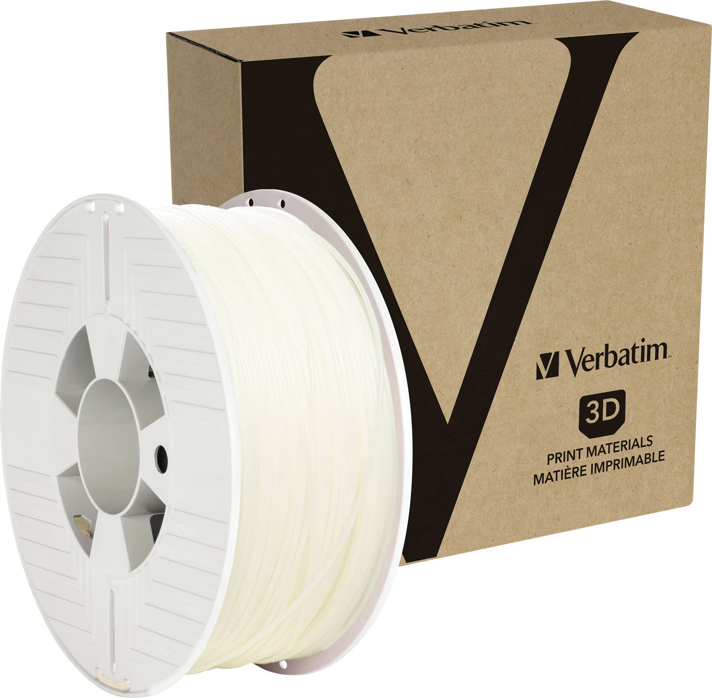Una bobina di materiale per stampa 3D bianco è posizionata accanto a una confezione marrone con la scritta 'Verbatim 3D Print Materials'.