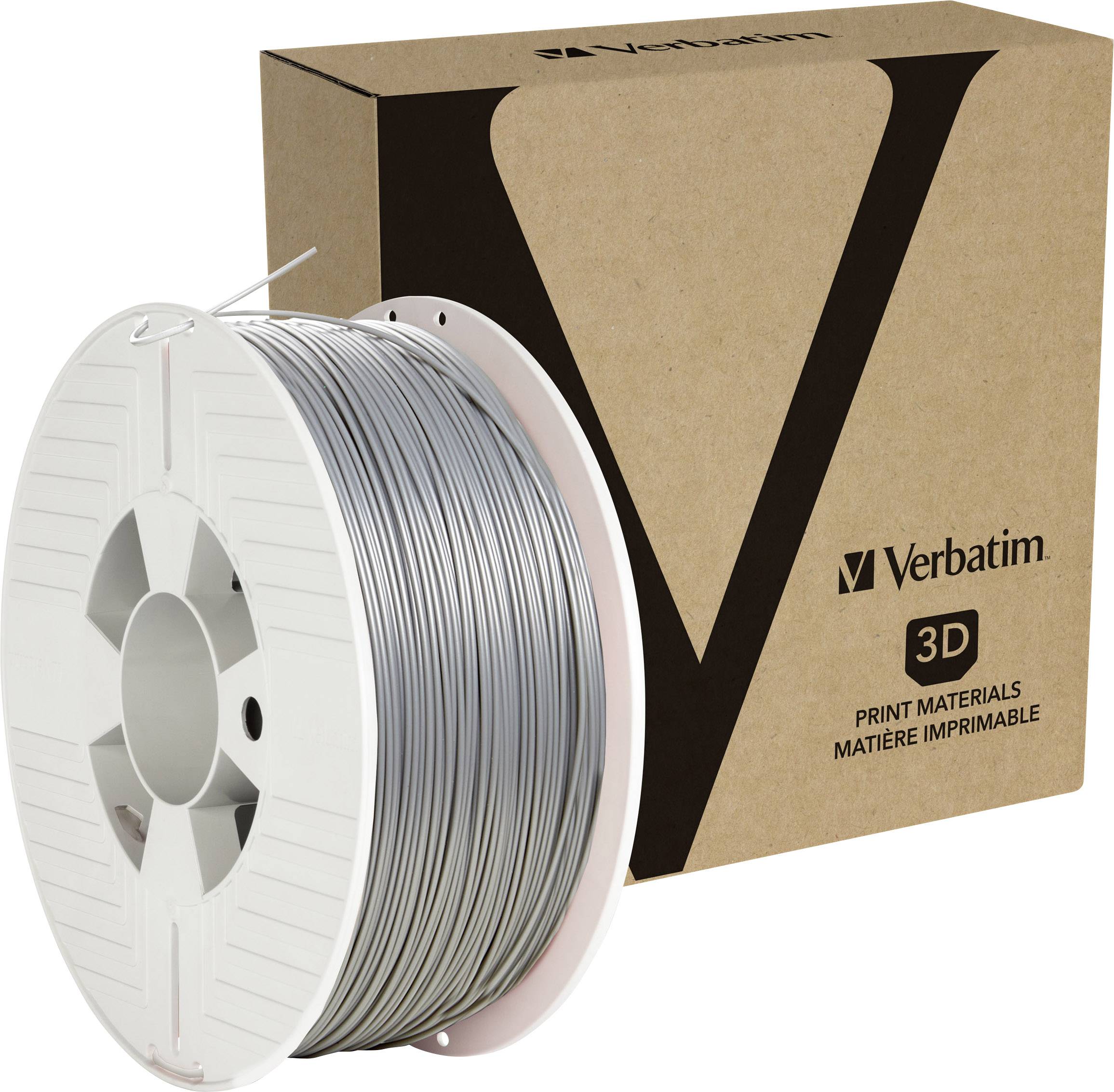 Materiale di stampa 3D Verbatim, bobina con filamento grigio davanti a una confezione marrone con una grande 'V' e il nome del marchio.