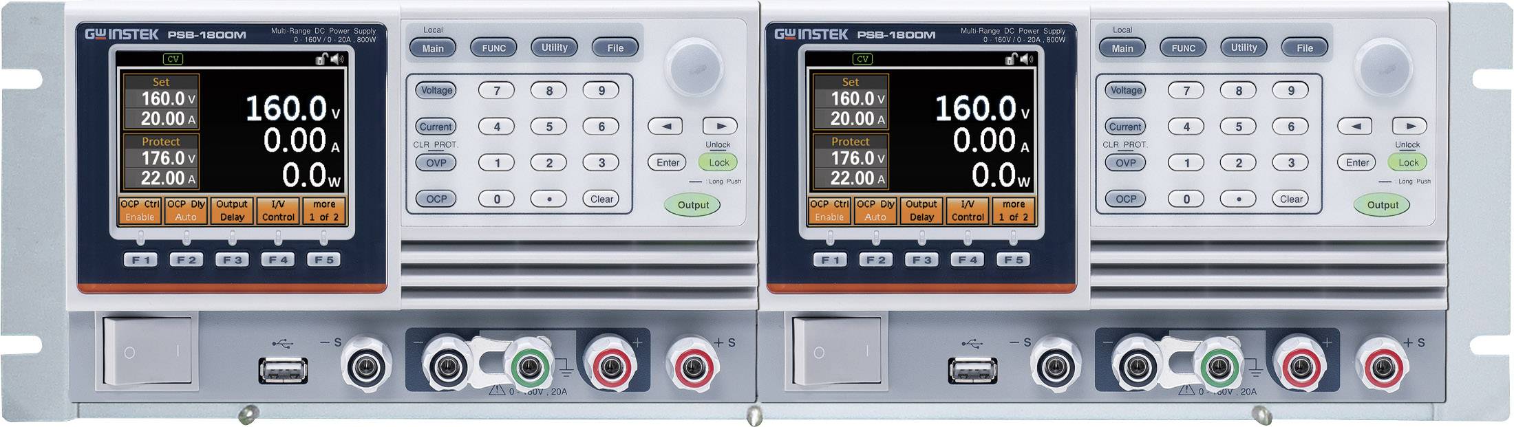 Un dispositivo di misurazione doppio con due display digitali, pulsanti e ingressi, che mostra valori di misurazione per tensione e corrente.