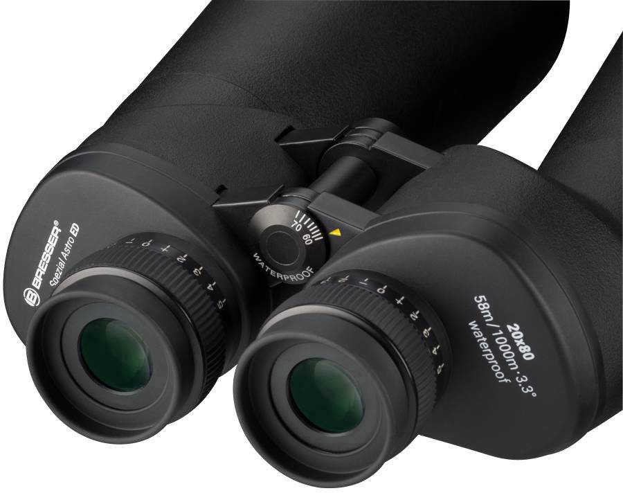 Binocolo con la scritta 'Bresser Spezial-Astro 20x80', mostra diversi anelli di regolazione e l'indicazione 'waterproof'.