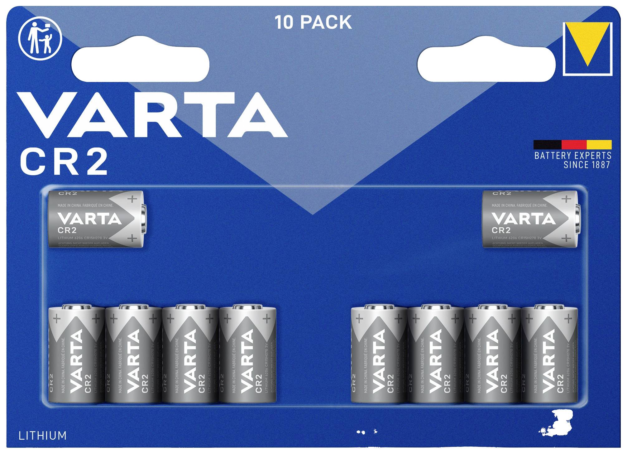 Confezione da 10 batterie al litio VARTA CR2 in blister. Prevalentemente in argento con elementi di design blu e gialli.