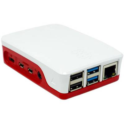Un piccolo dispositivo rettangolare con involucro bianco e dettagli rossi. Dispone di diverse porte USB e un ingresso Ethernet.
