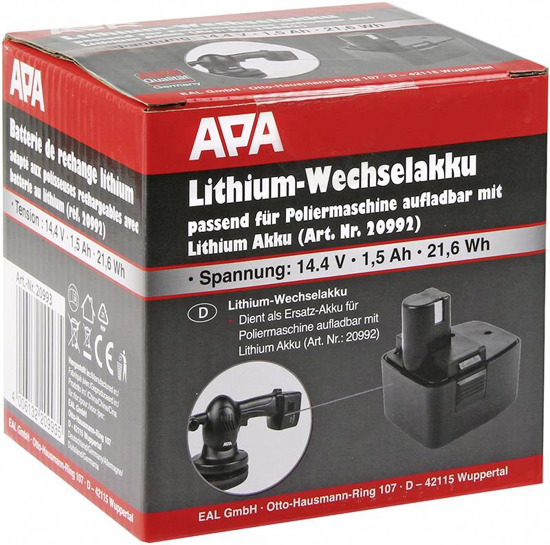 Imballaggio di una batteria al litio intercambiabile del marchio APA, adatta per lucidatrici. Tensione: 14,4 V, 1,5 Ah, 21,6 Wh.