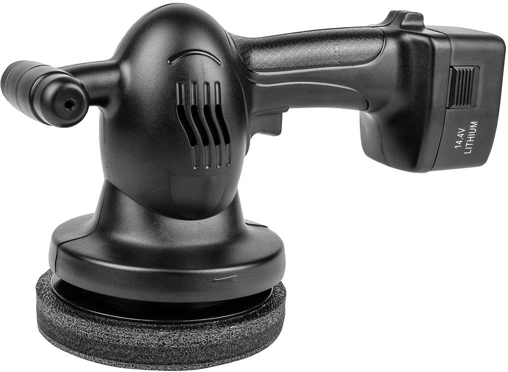 Dispositivo di lucidatura nero senza fili con batteria agli ioni di litio da 14,4 volt, impugnatura ergonomica e superficie di lucidatura rotonda.