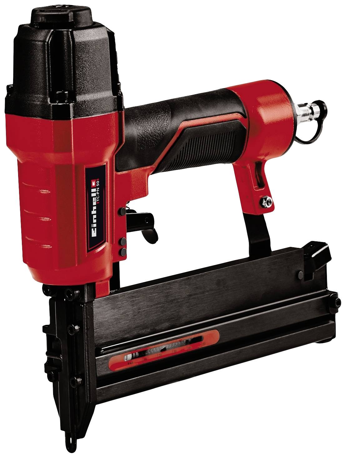 Un dispositivo pneumatico per chiodi rosso e nero, adatto per lavori precisi su legno e metallo. Design ergonomico per una presa comoda.