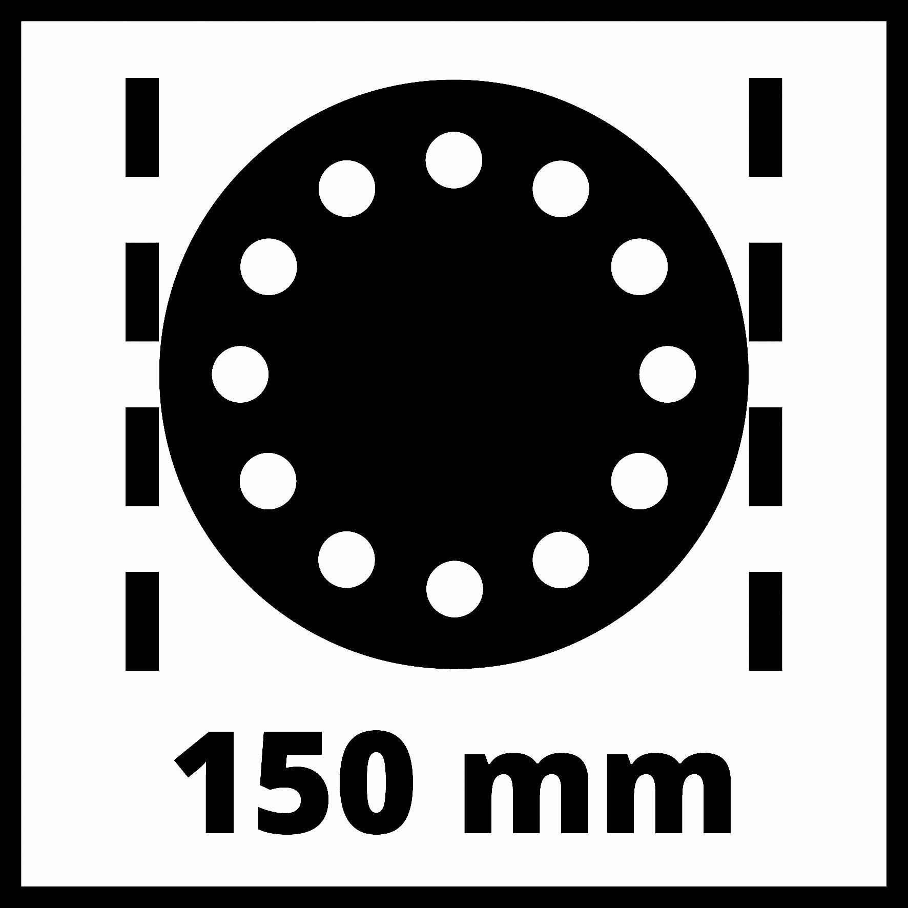 Simbolo di un'apertura circolare con 12 fori distribuiti uniformemente lungo il bordo esterno e con la scritta '150 mm' sotto di essa.