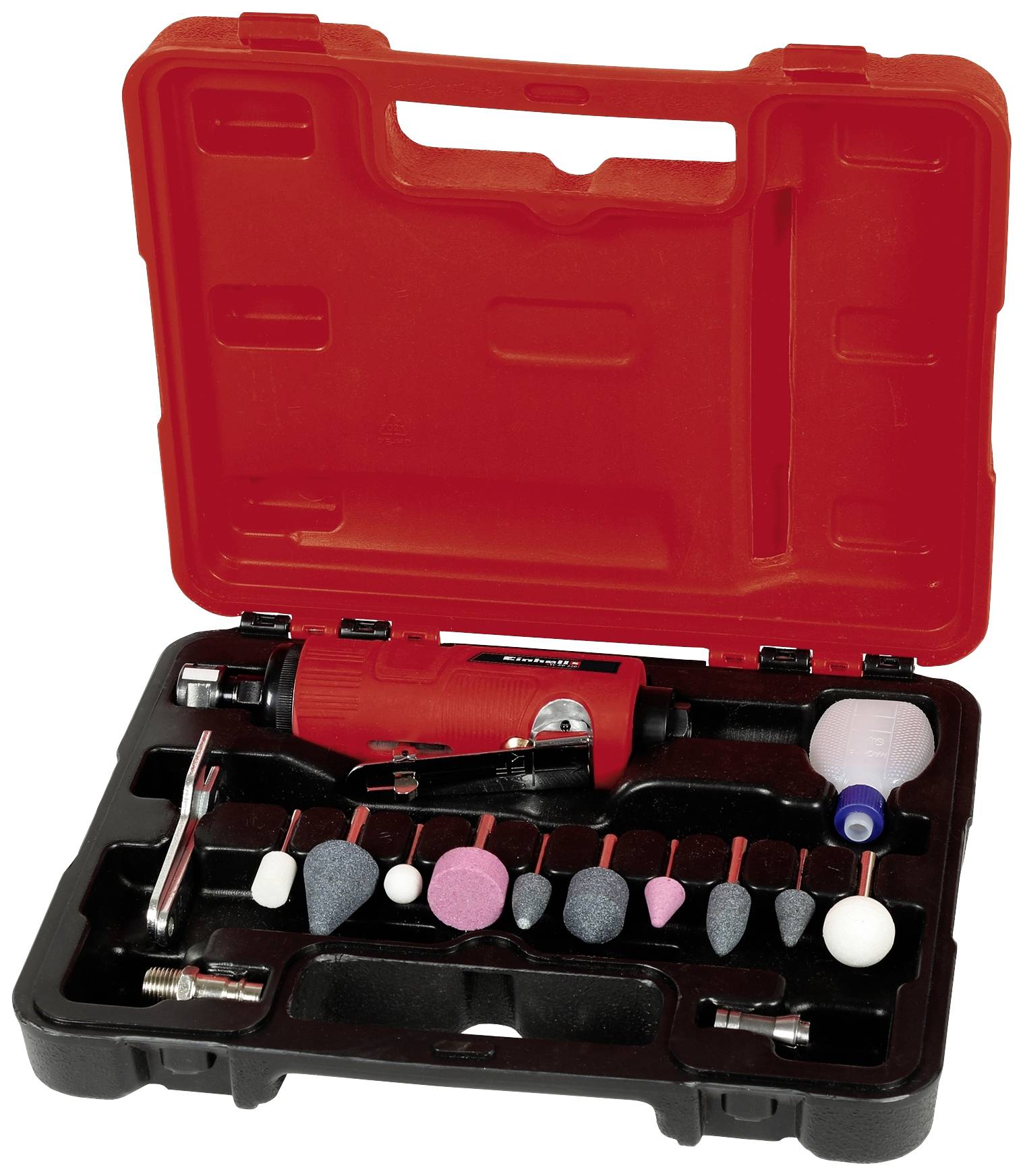 Una scatola di plastica rossa contenente un set di utensili per la levigatura; include pietre abrasive di vari colori e forme e un smerigliatrice elettrica.