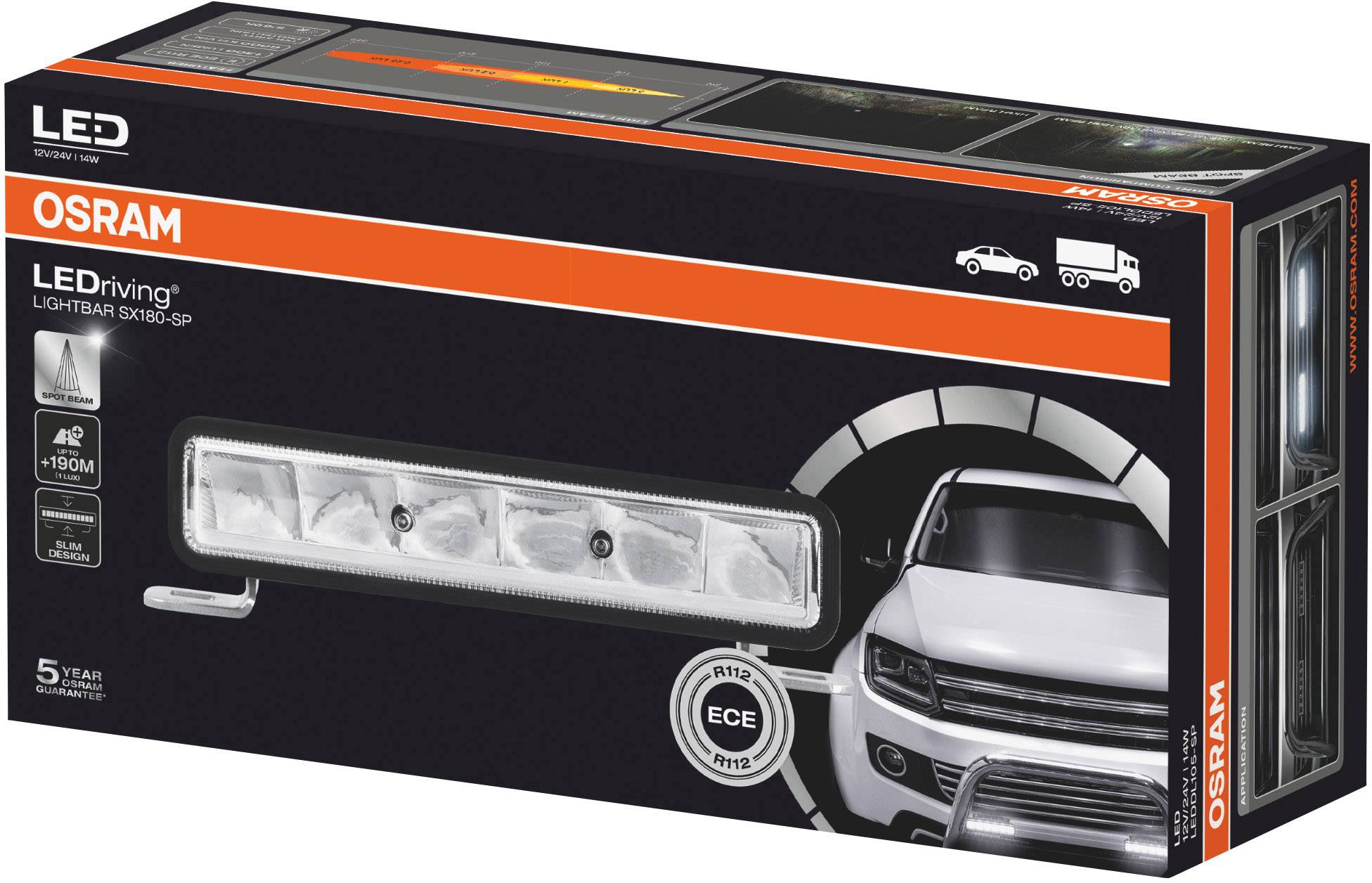 Confezione di un proiettore LED per veicoli OSRAM, che mostra l'immagine del prodotto e un'auto in primo piano, adatto per auto e camion.