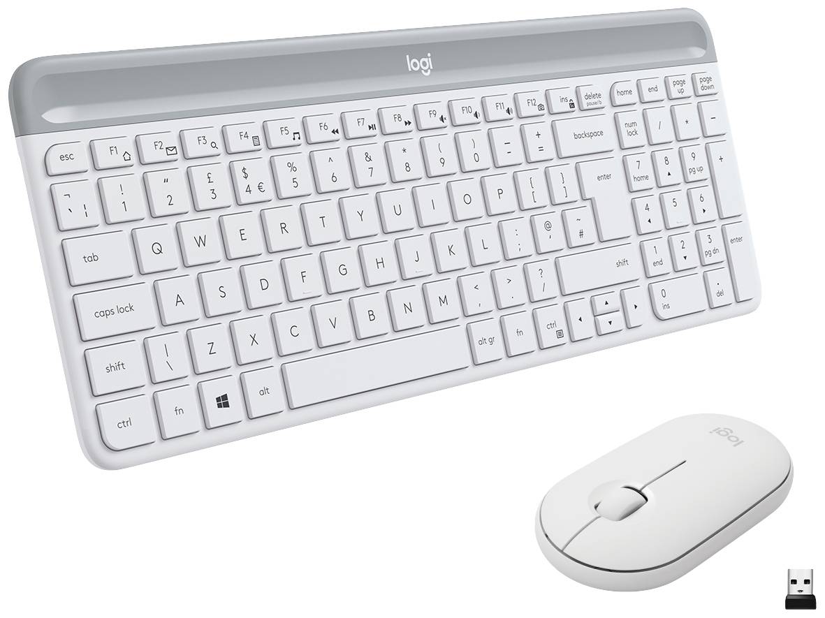 Set di tastiera e mouse bianchi wireless. La tastiera ha un layout completo e tasti funzione. Mouse con rotella di scorrimento, adatto per lavori d'ufficio.