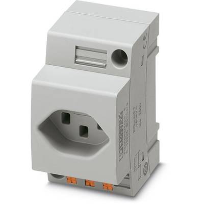 Un adattatore di presa grigio e rettangolare, da montare su guida DIN, con diversi morsetti di connessione in basso a destra.