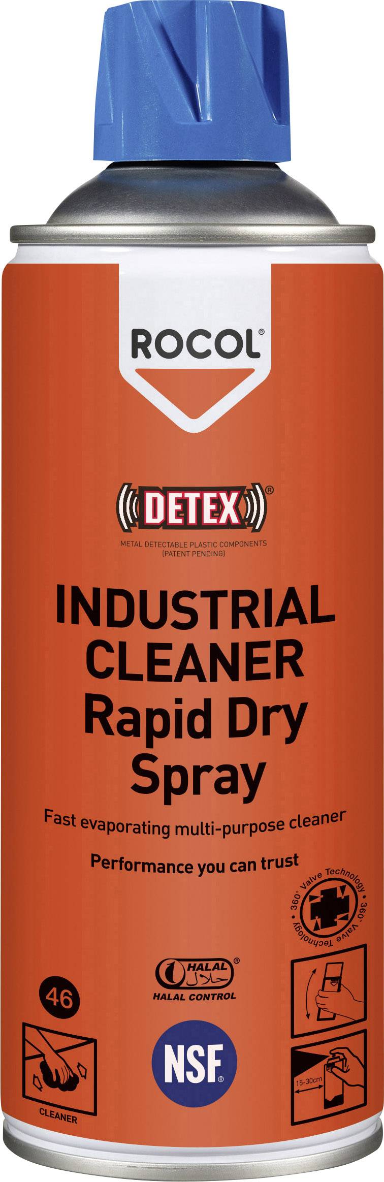 'Spray arancione Rocol con la scritta: Industrial Cleaner, Rapid Dry Spray, Detex. Detergente multiuso a rapida asciugatura, certificato NSF.'