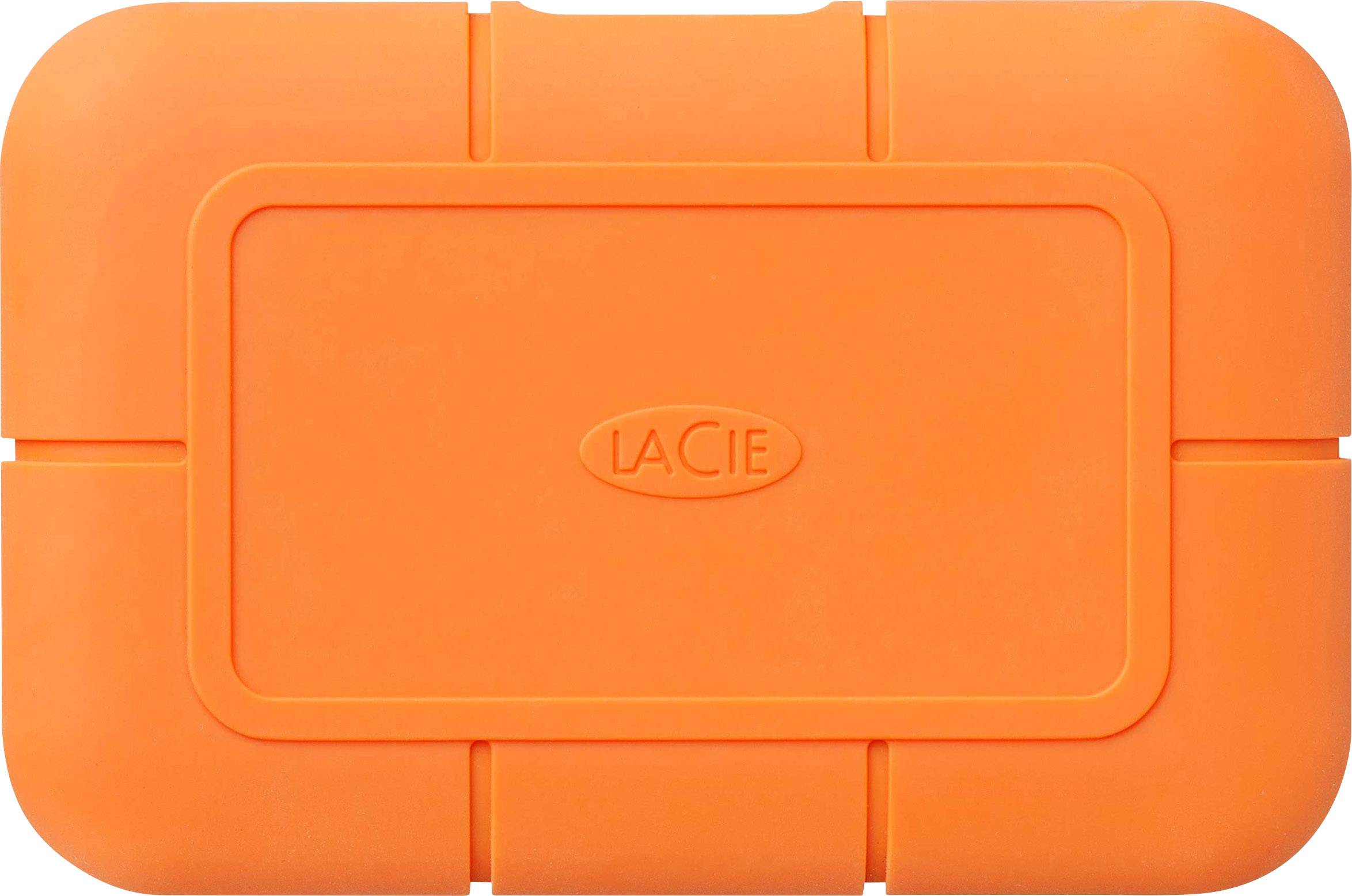 Un hard disk esterno arancione con il logo LaCie al centro, dal design robusto per la resistenza agli urti e l'uso mobile.