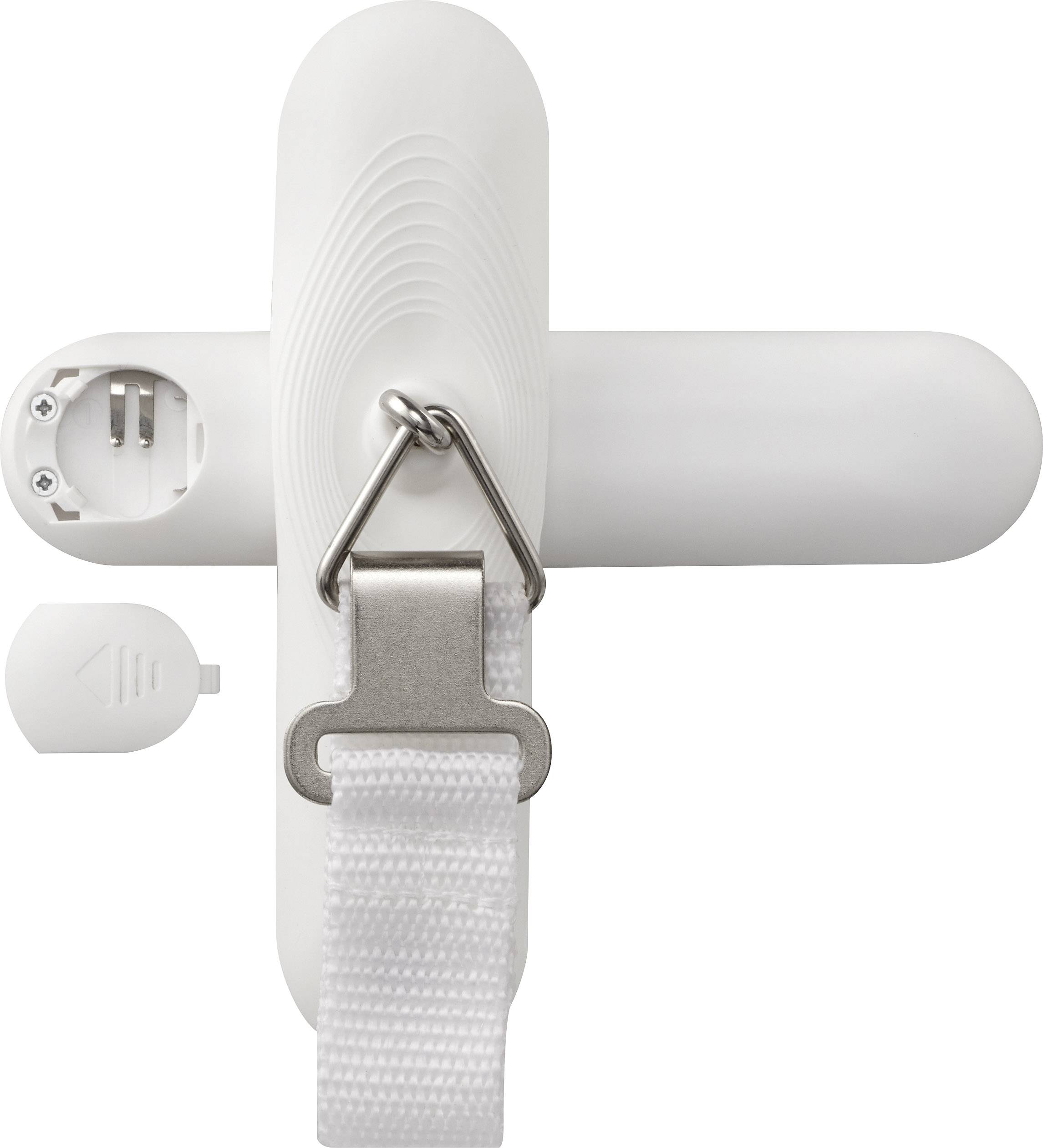 Un dispositivo bianco a forma di croce con una fibbia metallica e un nastro. A sinistra, un coperchio del vano batteria aperto con contatti visibili.