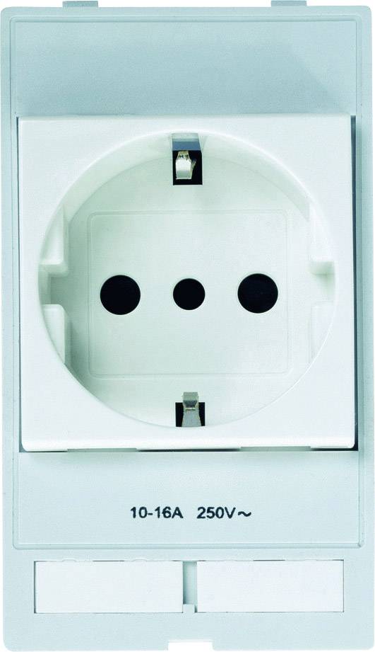 Una presa elettrica francese bianca con due fori rotondi e un'apertura di messa a terra. Sotto è riportato '10-16A 250V~'.