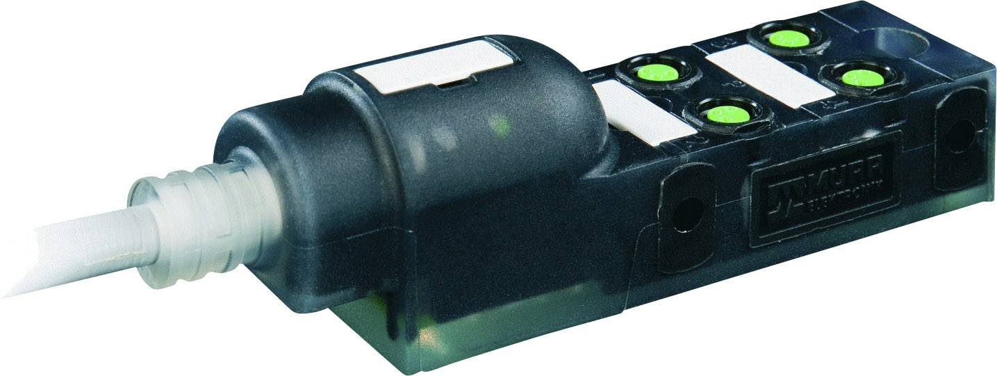 Un sensore elettronico nero con involucro trasparente e quattro indicatori LED verdi sulla parte superiore. Connettore di collegamento sul lato sinistro.