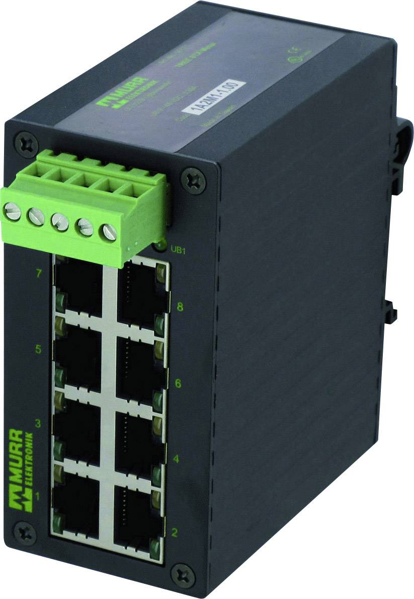 Un switch Ethernet nero con otto porte RJ45 e un blocco connettori verde in alto. Logo del marchio 'Murr Elektronik'.