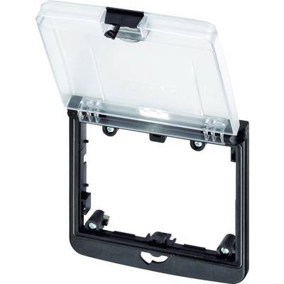 Coperchio di protezione per interruttore in plastica nera con coperchio trasparente, mostrato in posizione aperta.