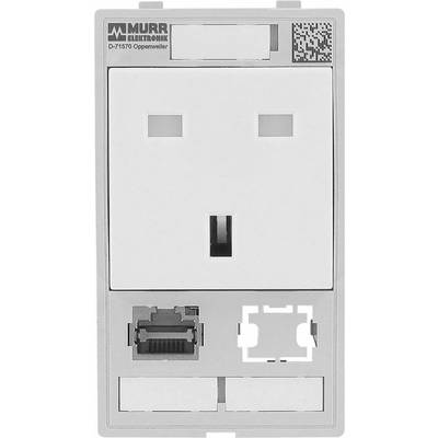 'Modulo presa elettrica di Murr Elektronik con porta RJ45 e porta ottica. Indicazioni del produttore e della posizione in alto a sinistra.'