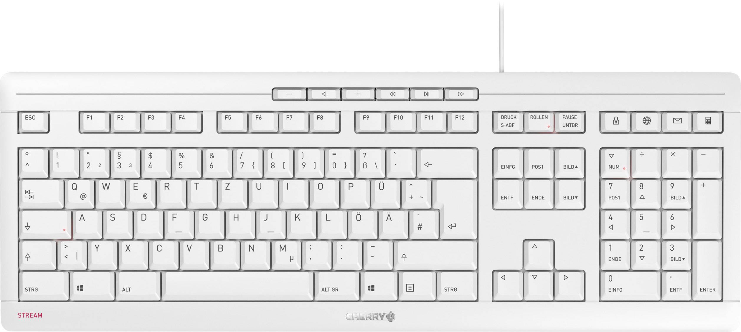 Tastiera per computer bianca con layout QWERTZ e tasti funzione aggiuntivi. Tutti i tasti sono ben visibili e etichettati.