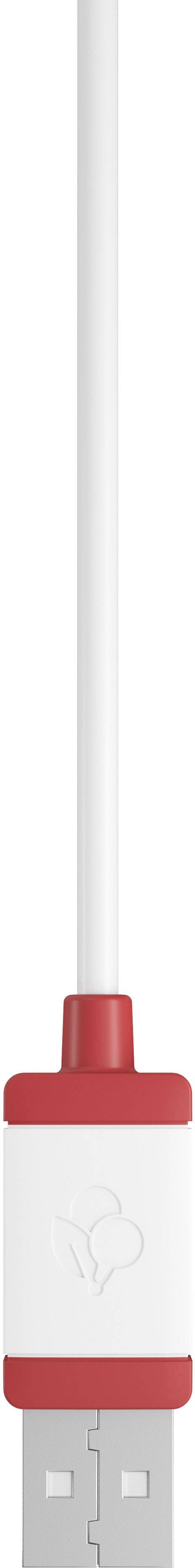 Un cavo USB bianco e rosso con un design del connettore semplice, principalmente utilizzato per collegare dispositivi.