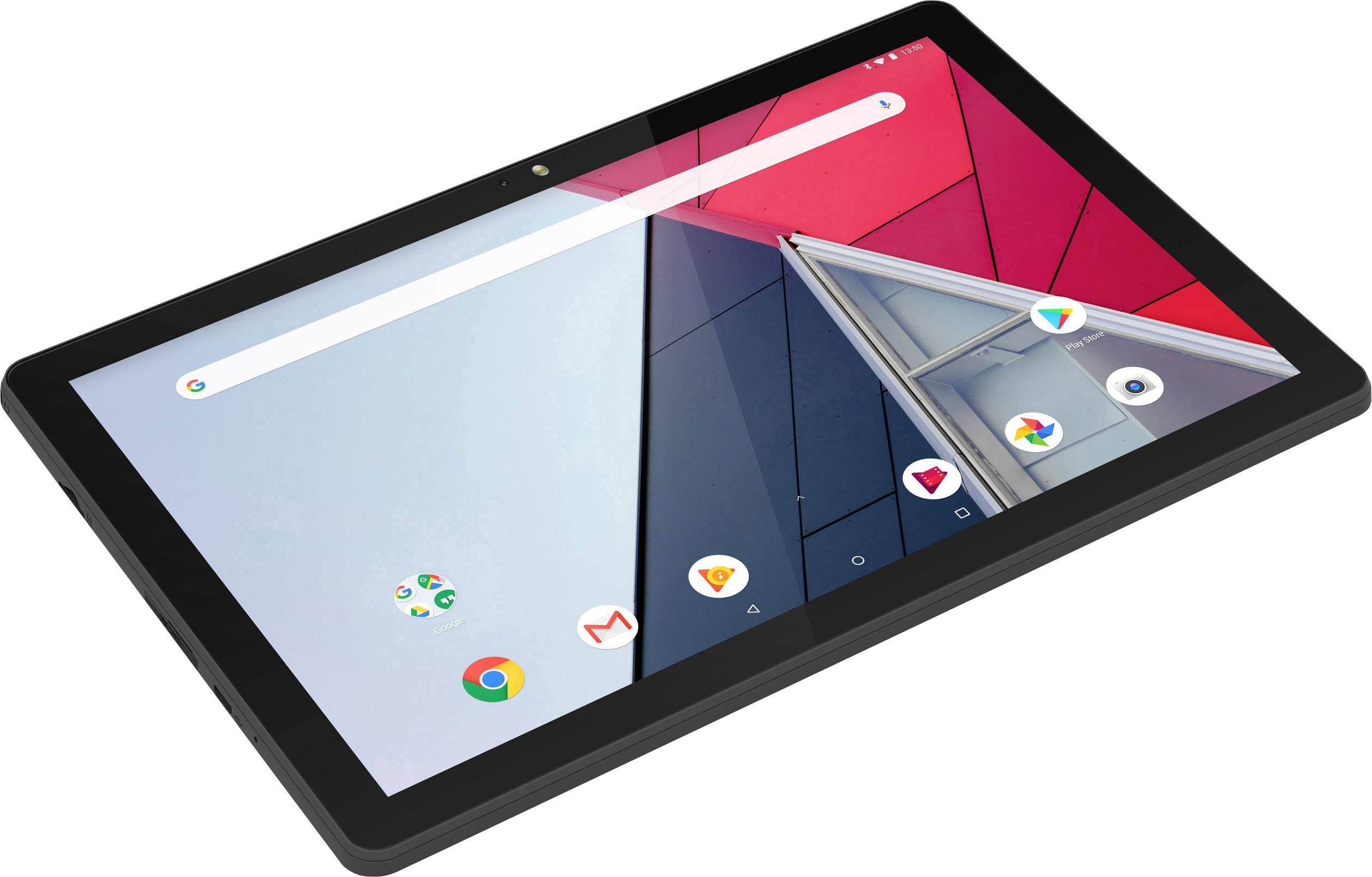 Un tablet con sistema operativo Android mostra le icone di Chrome, Gmail e Google Play su uno sfondo moderno e geometrico.