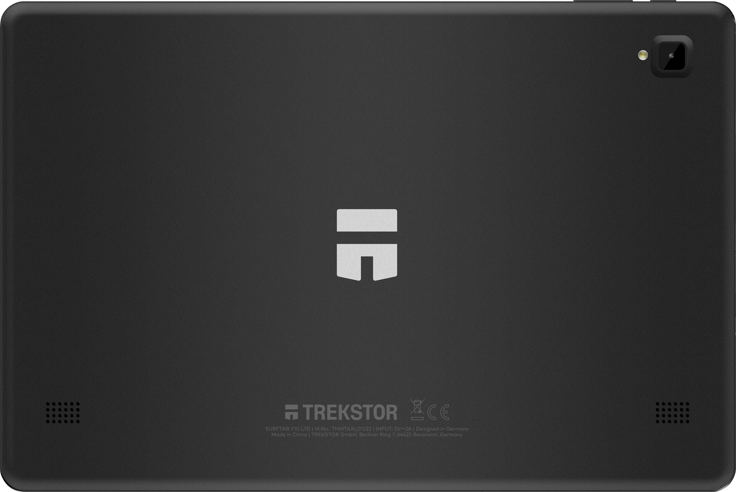 Retro di un tablet nero con il logo Trekstor al centro e una fotocamera in alto a destra.