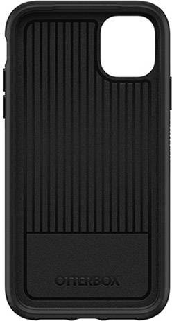 Custodia per smartphone nera di Otterbox, design robusto con scanalature verticali e apertura per la fotocamera sul retro.