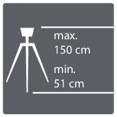 Grafica di un treppiede con indicazioni dell'altezza: altezza massima 150 cm, altezza minima 51 cm.