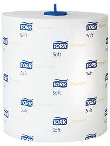 Grande rotolo di carta asciugamani con nucleo blu del distributore, stampato con il logo 'Tork Soft Premium'.