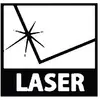 Simbolo di un laser con linee nere e raggi di luce, con il testo 'LASER' sotto. Avverte della presenza di radiazione laser.