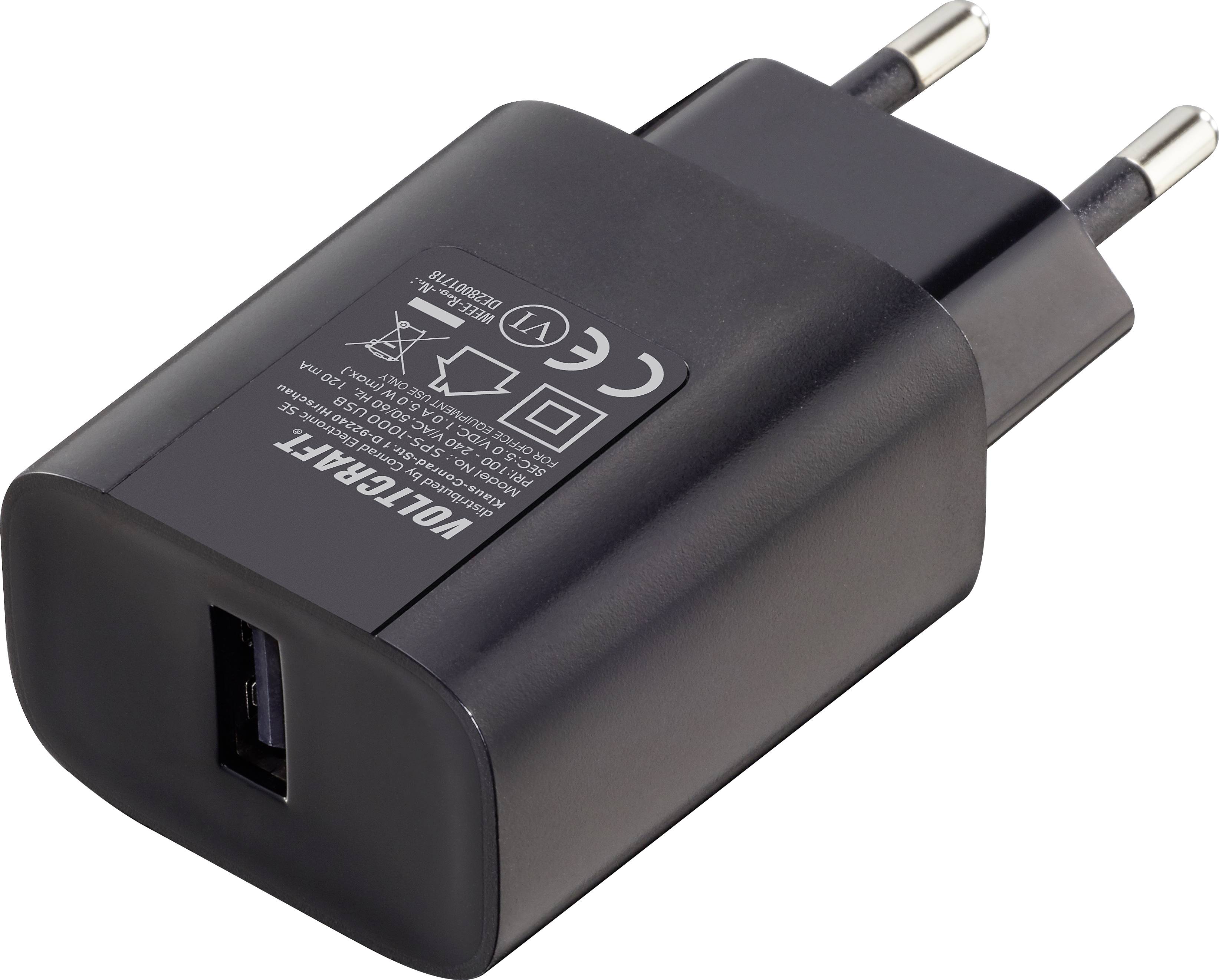 Un caricatore USB nero con una porta USB e una spina europea, adatto per ricaricare dispositivi elettronici.