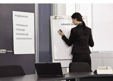 Una donna sta scrivendo su un lavagna a fogli mobili in un ufficio. Sulla parete è appeso un foglio con le fasi del progetto come 'Potenziale di mercato' e 'Target'.