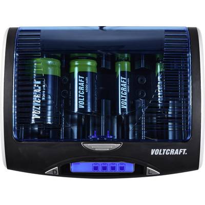Caricabatterie di Voltcraft con più slot di ricarica, display blu e coperchio trasparente.