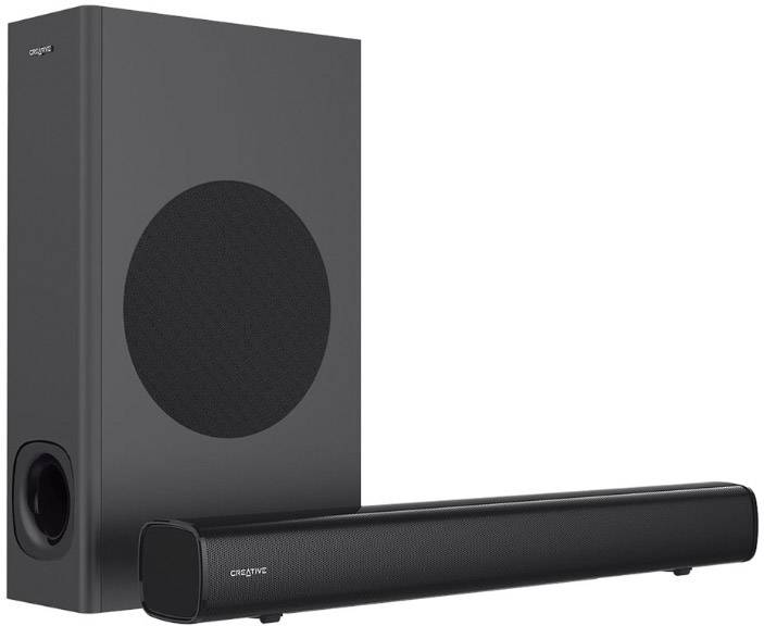 Una soundbar e un subwoofer neri di Creative, posizionati uno accanto all'altro, per l'output audio in un sistema home theater.