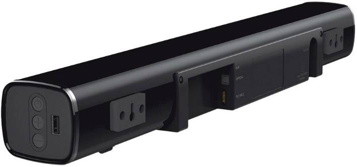 Soundbar nera con comandi laterali e porta USB, adatta per sistemi TV e audio.