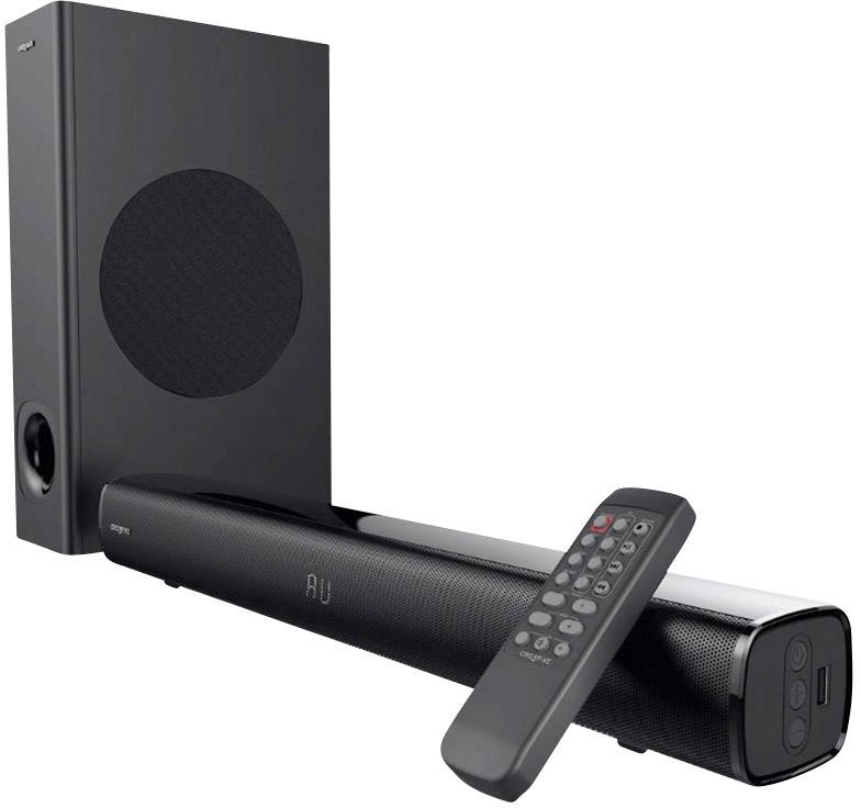 'Soundbar nera con subwoofer e telecomando. Il display mostra 'AUX'.'