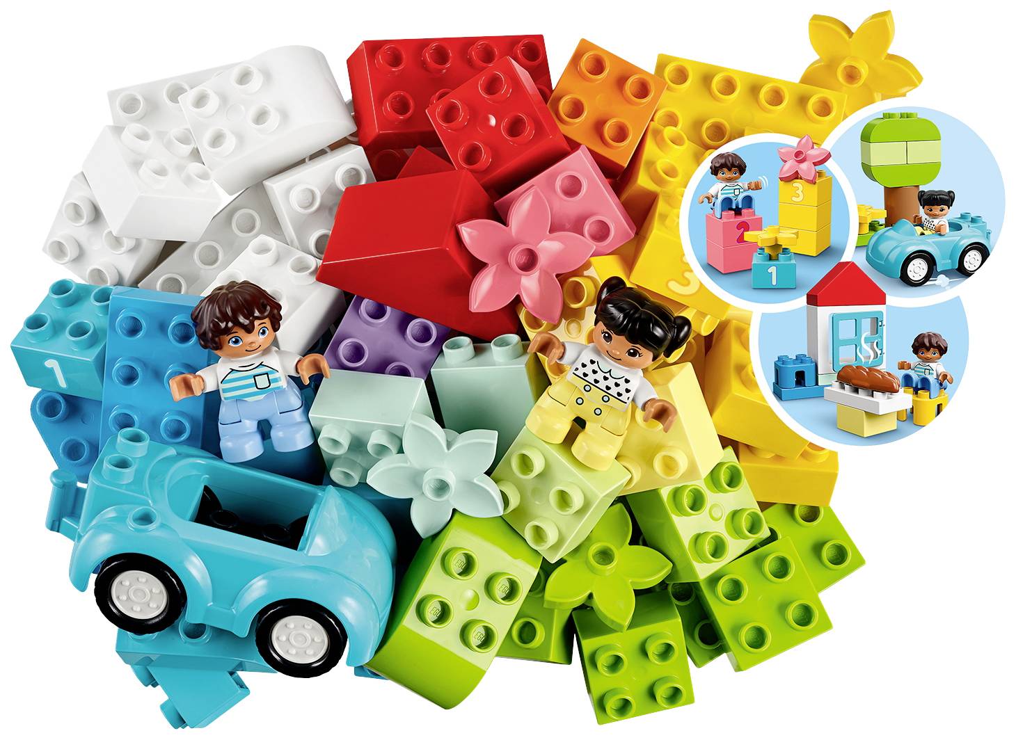 Blocchi colorati e due figure di giocatori, un maschio e una femmina. Accanto a un'auto giocattolo ci sono forme a fiore. Contesto: Giocattoli per bambini.