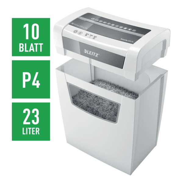 Distruttore di documenti Leitz con contenitore, tritura fino a 10 fogli contemporaneamente, livello di sicurezza P4, capacità 23 litri.