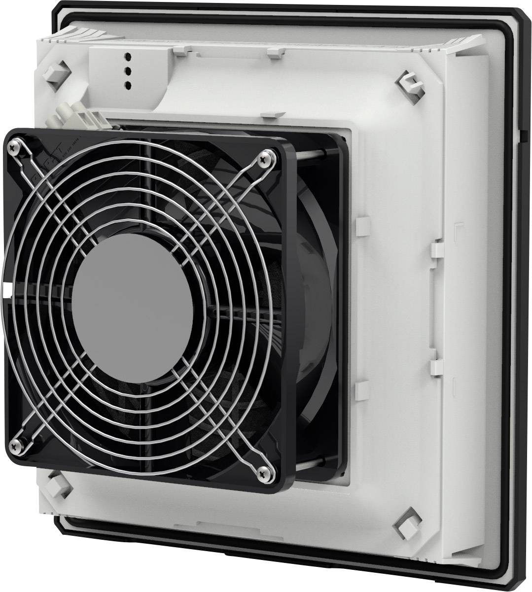 Un ventilatore bianco, quadrato con griglia nera, installato su una parete. Serve per la ventilazione e ha un design moderno.