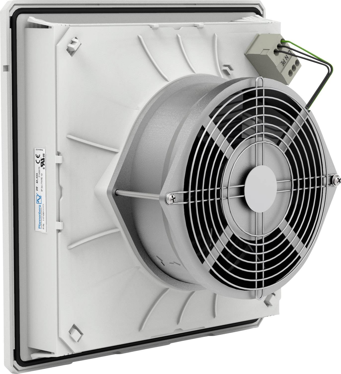 Un ventilatore a parete bianco con griglia di protezione, montato in un telaio quadrato. In alto a destra è visibile un cavo.