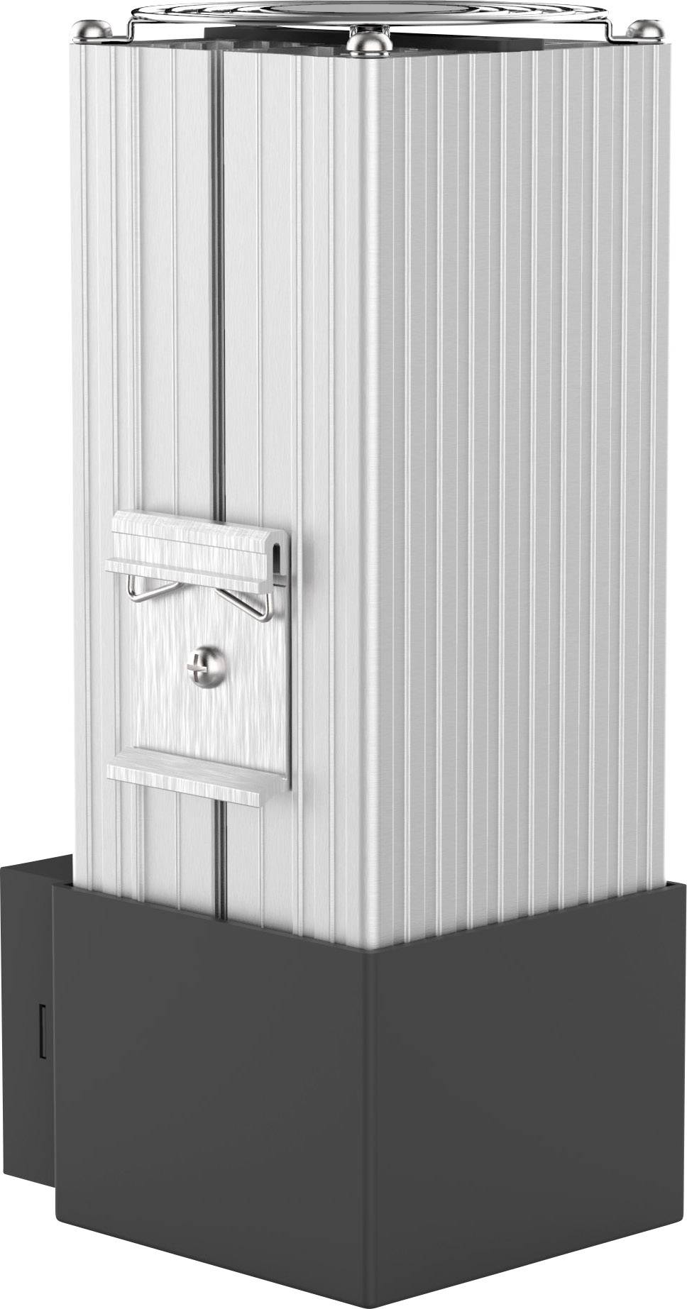Un contenitore verticale d'alluminio argentato con nervature, poggiante su un piedistallo nero, con un piccolo sportello sul lato frontale.