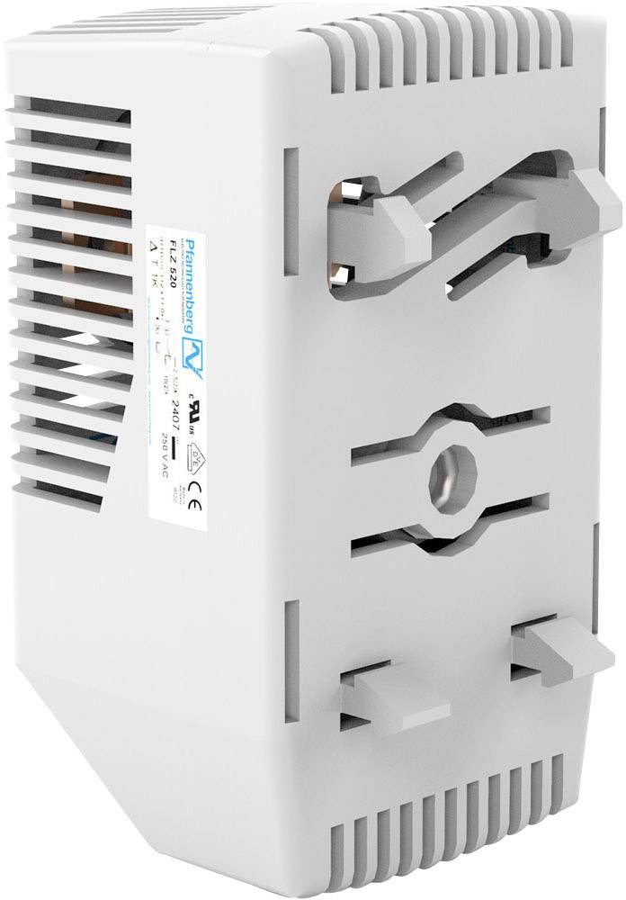 Componente in plastica bianca, rettangolare, con fessure di ventilazione e condotti. Sul lato è visibile un'etichetta tecnica.