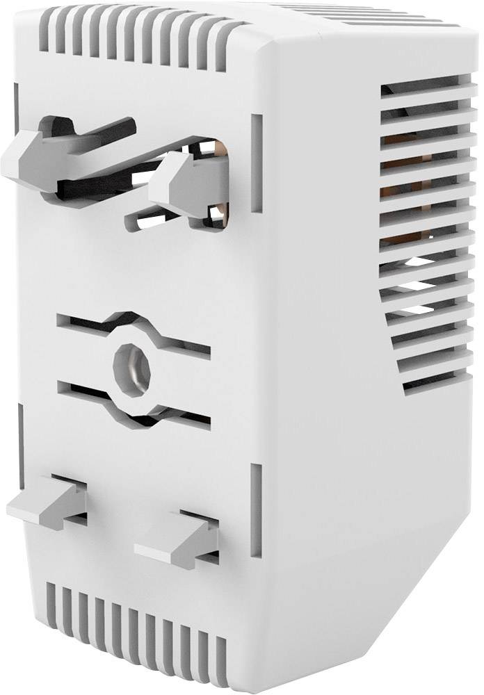 Un componente elettrico grigio, rettangolare con fessure di ventilazione e due contatti a innesto. Probabilmente utilizzato per connessioni a spina.