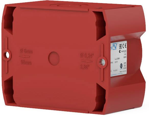 Scatola da incasso rossa per pareti cave con dimensioni e fori per installazioni elettriche.