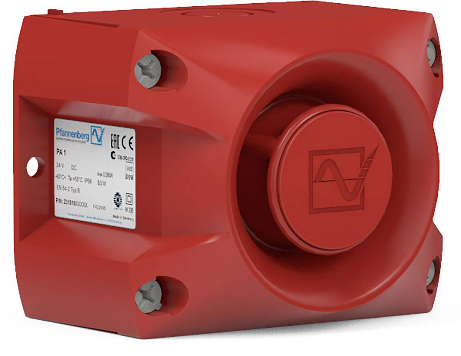 Avvisatore rosso con involucro rettangolare e apertura centrale, su cui è visibile un simbolo ondulato. Un'etichetta con dettagli tecnici è applicata sul lato.